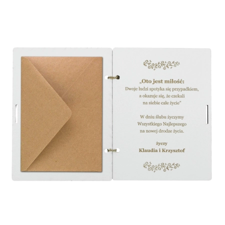 Wyjątkowy prezent na ślub drewniane kartka z kopertą dla pary młodej personalizowana